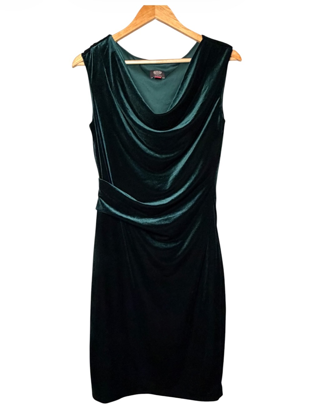Vince Camuto Emerald Green Velvet Ruched Draped Cowl Neck Dress Size 8